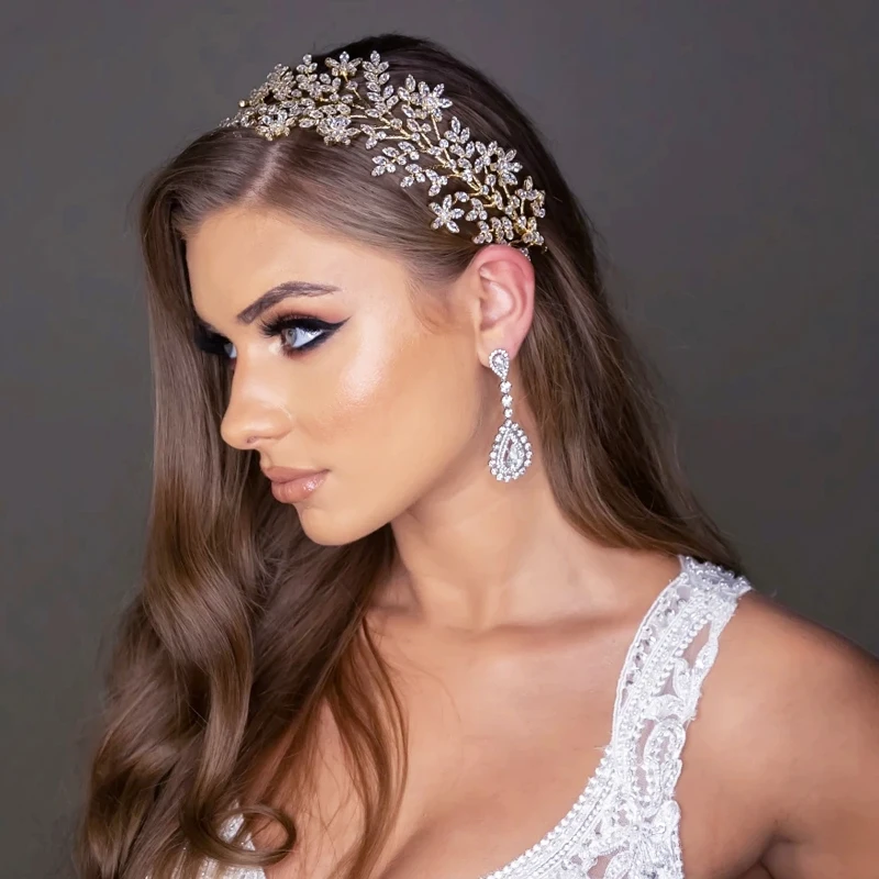 

Handmade hair band stylish Prom fancy Flower Wedding bridal Headband zircon tiaras bridal hair accessories headband, Silver.gold