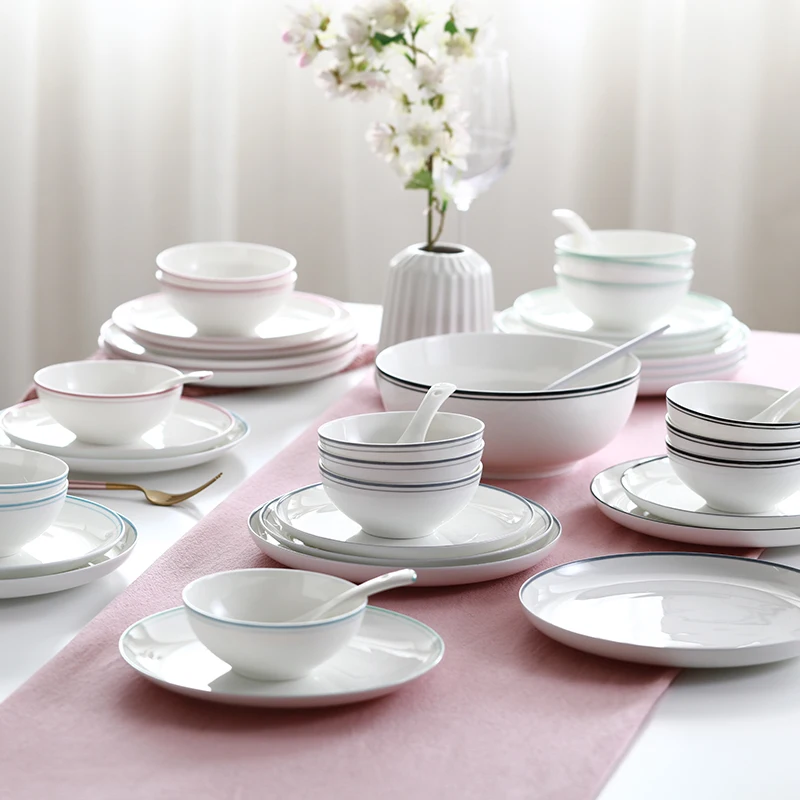 

COlOR HANDPAINT FINE BONE CHINA DINNER SET, Grey/pink/white
