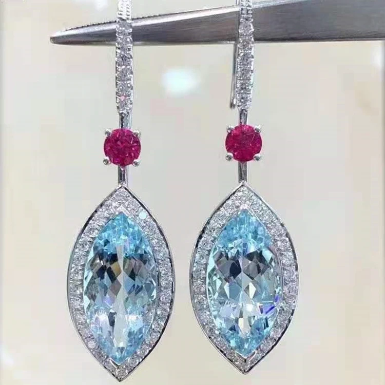 

SGARIT hot sale jewelry novel design elegant gemstone aquamarine wedding 18k white gold 7.48ct aquamarine women's earrings