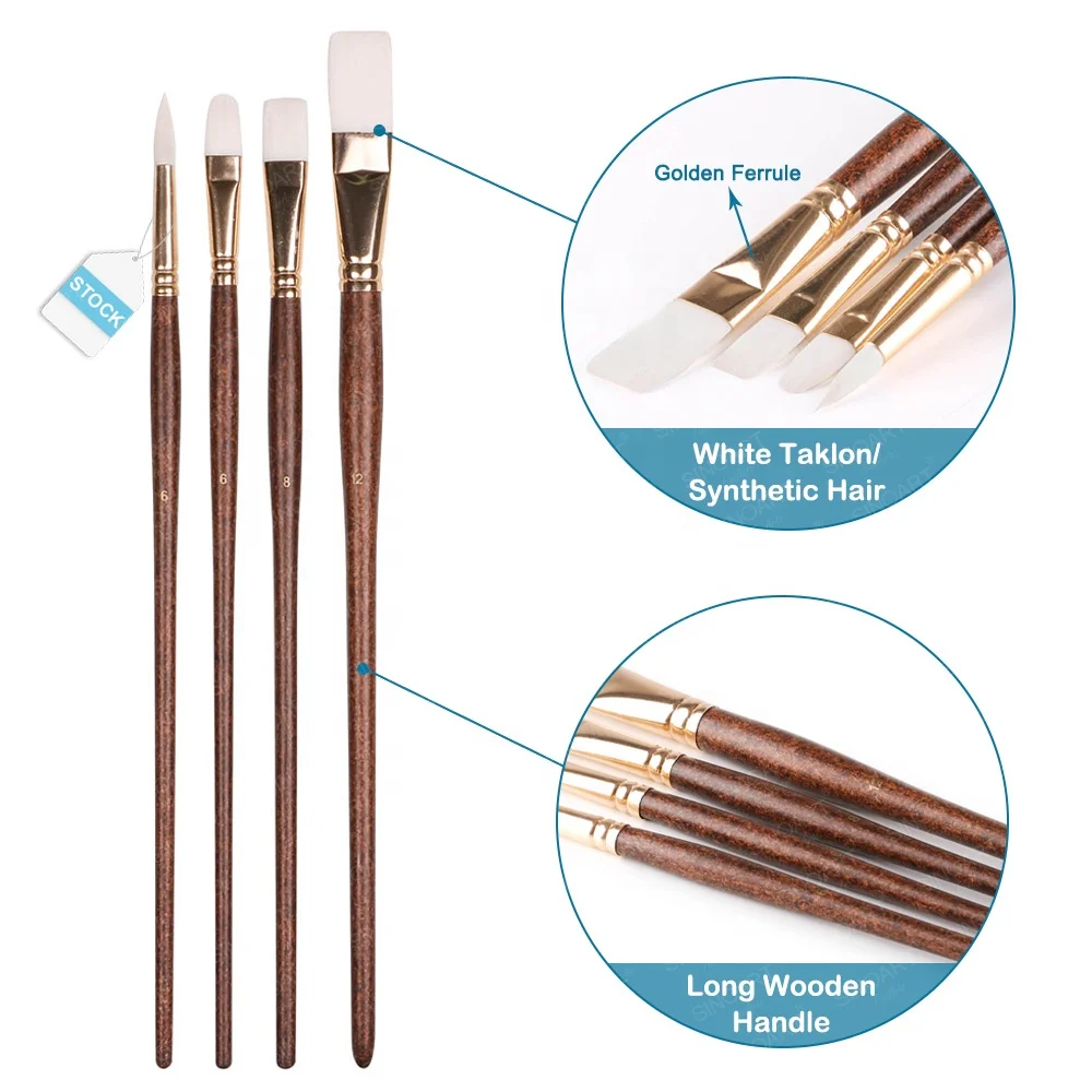 

SINOART Low MOQ Long Handle Taklon brushes for painting 4pce flat white Synthetic Painting Brush Set oil Acrylic artist brush