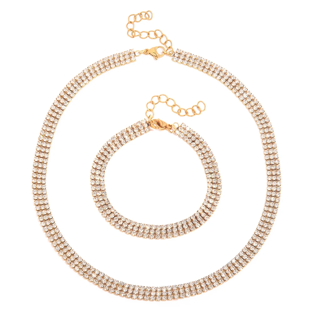 Luxury Gold Plated Full Zircon Choker Stainless Steel Layer Tennis Chain CZ Zircon Necklace Bracelet