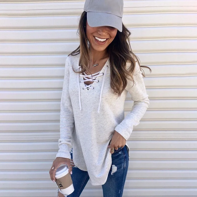 

Fashion Women's Long-sleeved T-shirt Hollow Sexy V-neck Top Wholesale Solid Color Blouse T-shirt