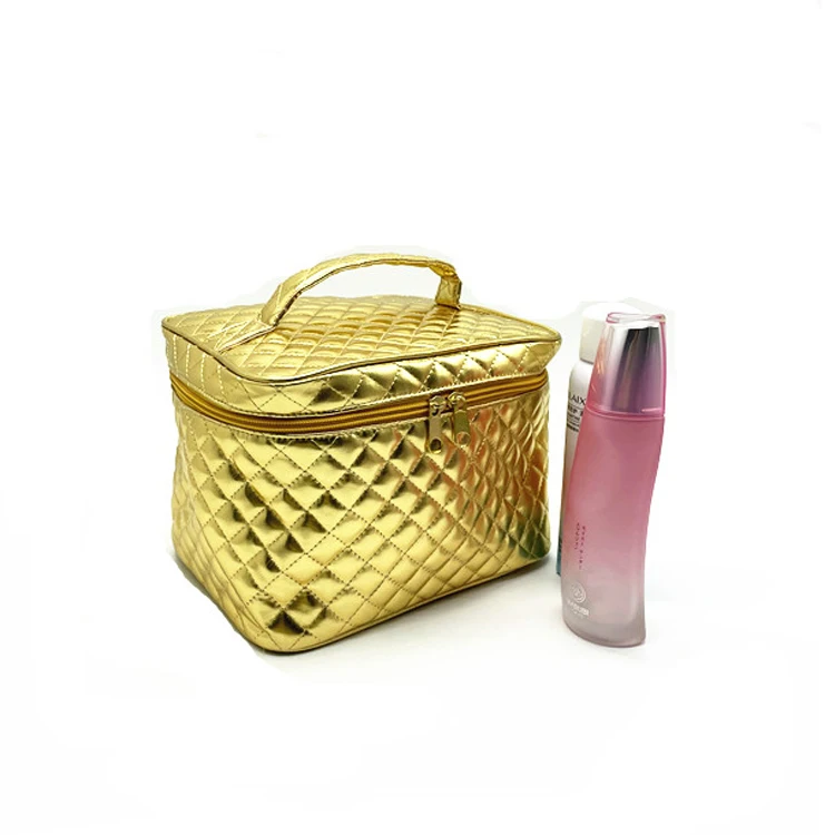 

Custom women beauty gold quilted medium cosmetic train case travel make up organizer brushes set pouch, Customized
