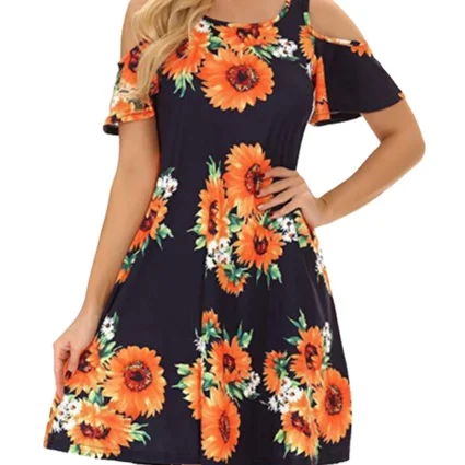 

2021 Hot Sale Ladies Red Sunflower Floral Wrap Dress Fashion Print Midi Women Casual Dress