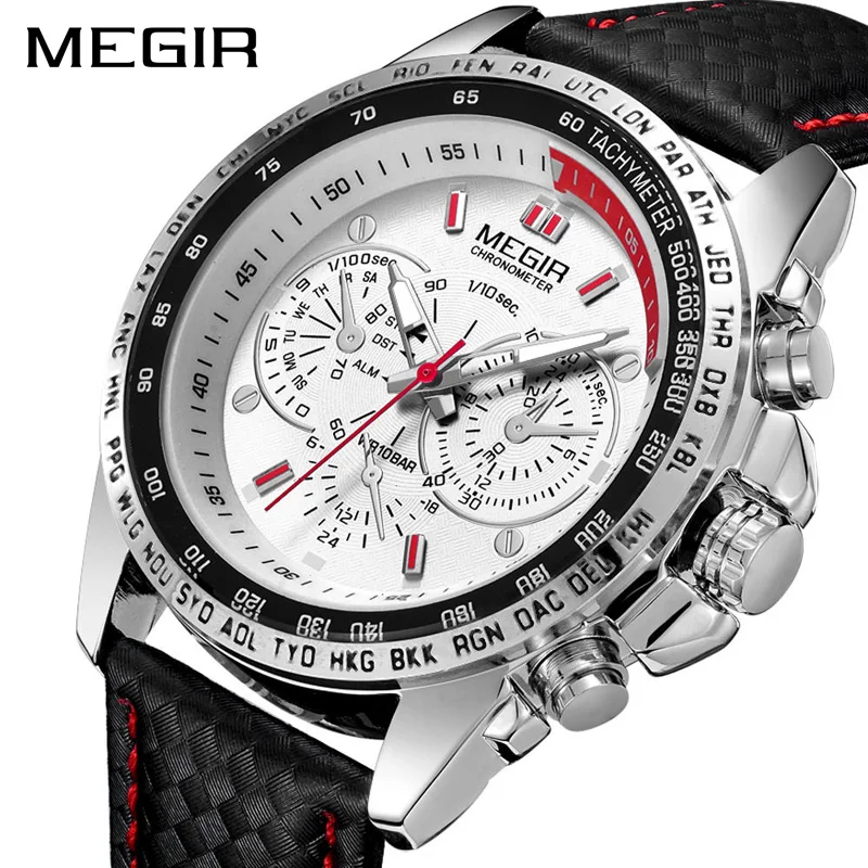 

Megir 1010 Mens Sports Quartz Watches Top Brand Luxury Leather Strap Male Watches Men, 2 color for you choose