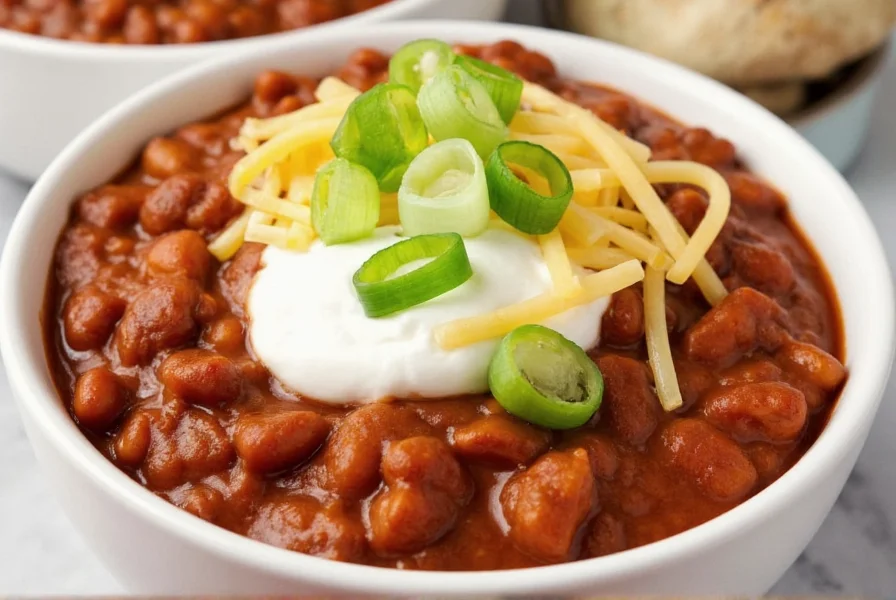 Finished easy chili recipe in bowl with toppings like cheese, sour cream, and green onions