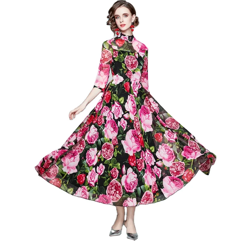 

Three Quarter Sleeve Half Stand Collar Floral Print Big Swing Women Maxi Dress