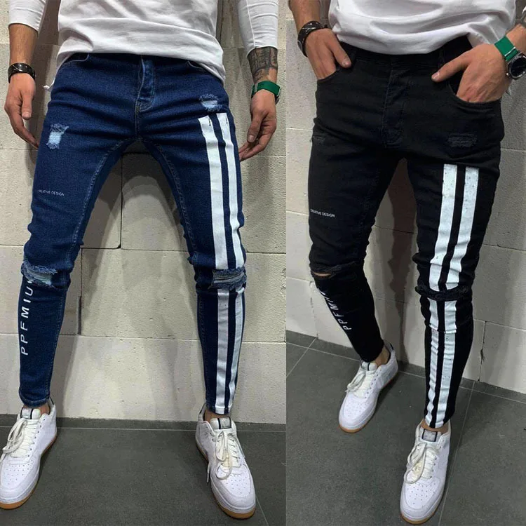 

Men's Ripped Elastic Feet Jeans Printed Jeans Men's New Style Stacked Skinny Jeans Men Denim