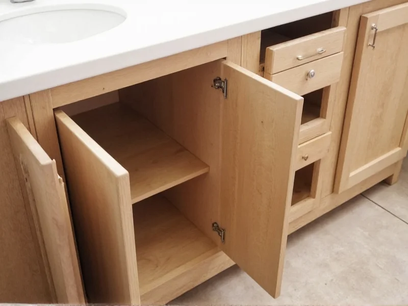 Completed DIY vanity installation with custom storage features