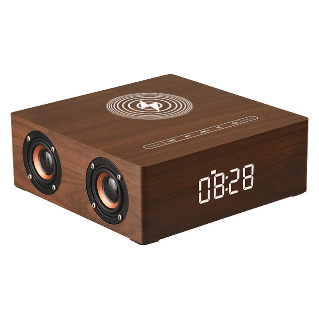 

Bodio Multifunction Alarm Clock Time Wireless Charger Vintage Wooden Four-horn Wireless BT Speaker Q5A, Brown;yellow