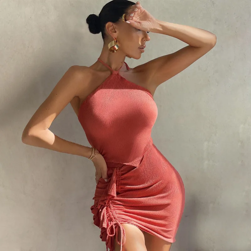 

New Arrival Women's Slit Sexy Dresses halter lace up skirt suit Side Slit Two-Piece mini Dress for women, Pink