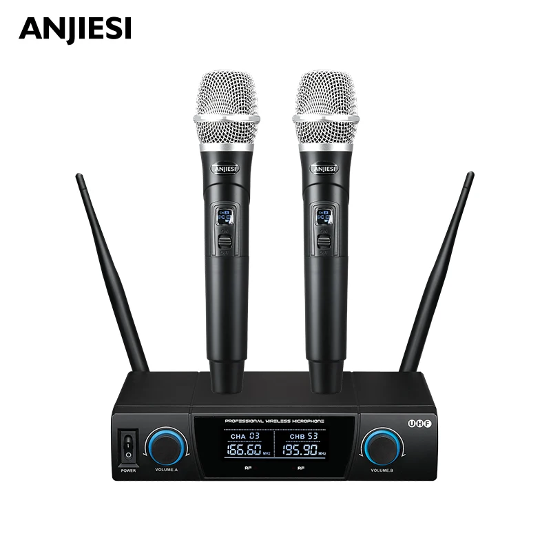 

New Design Factory Price Professional Karaoke UHF Cordless Handheld Dual Channels Wireless Microphone Mic 100 meters distance, Black