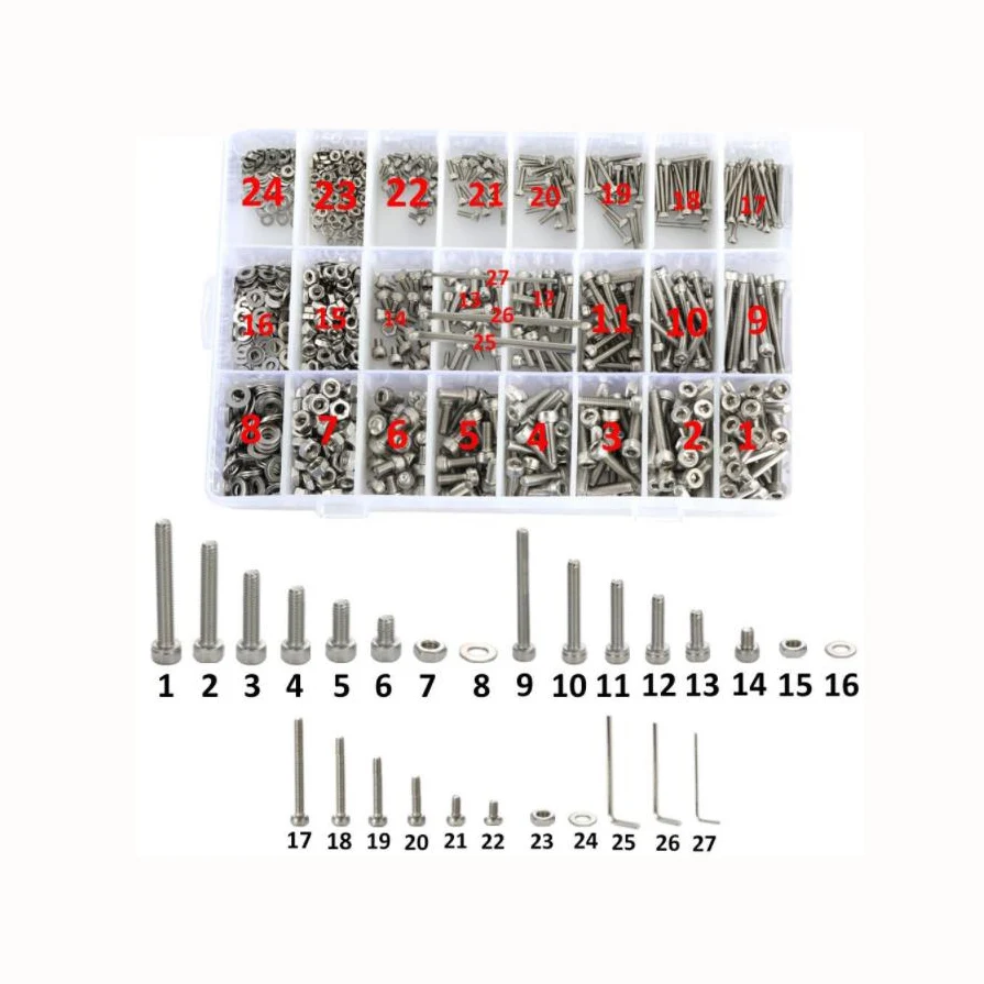 
Best Seller Amazon 1080pcs Hex Socket Head Cap Silver Screws Driver Set Stainless Steel Screws and Nuts 
