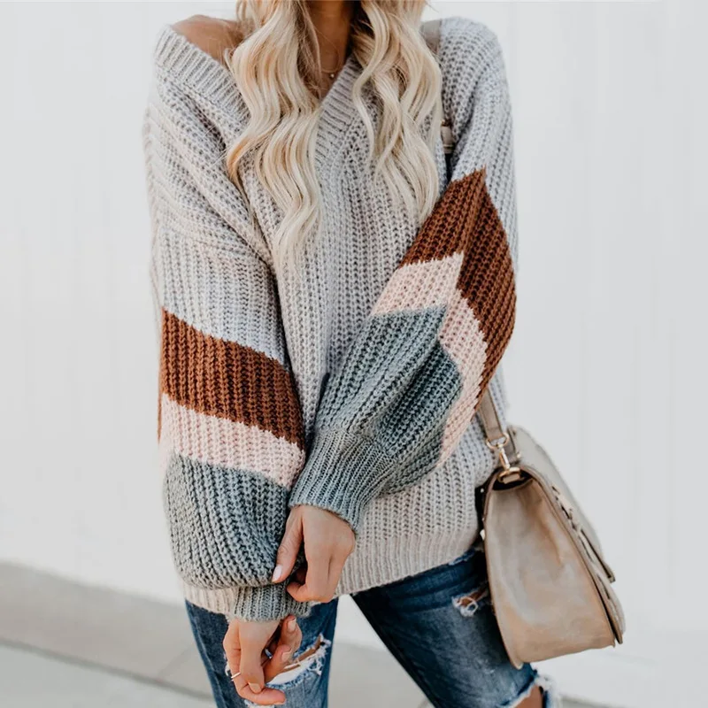 

WW-0042 Sweater female autumn/winterV-neck lantern sleeve stripe color matching sweater women lady knit sweater winter