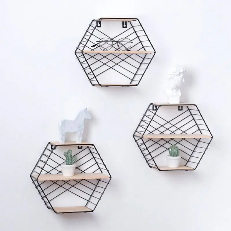 

Plant Flower Storage Shelves Modern Simple Geometry Wood Metal Wire Hexagon Display Perfect Decor Wall Mounted Floating Shelf