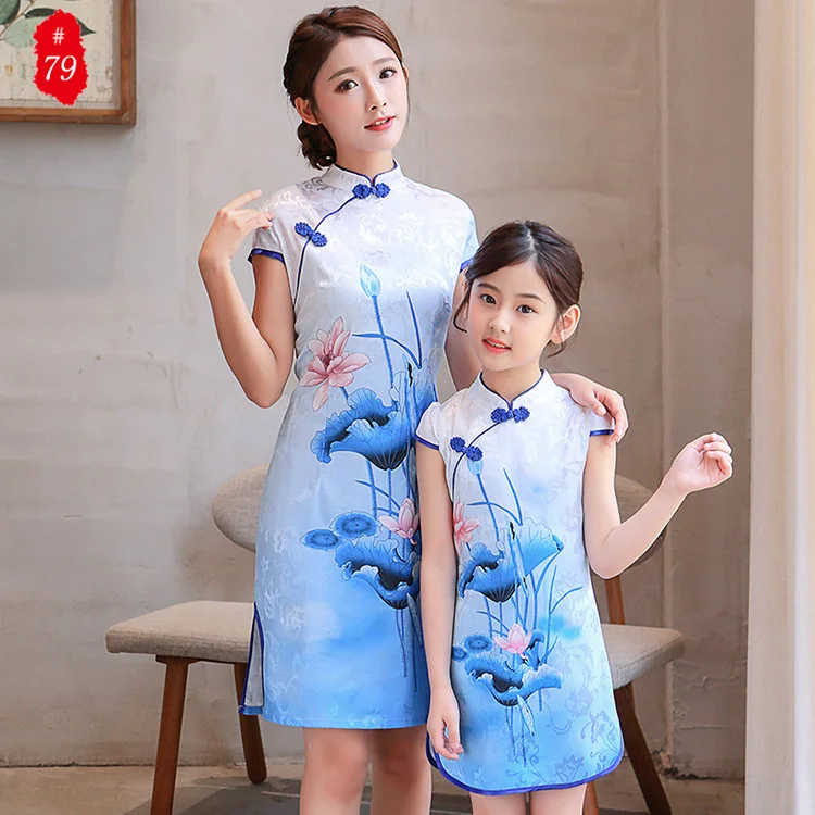 

Cheongsam Mother And Daughter Vestido Chino De Madre E Hija Summer Short Chinese Traditional Floral Style Qipao Cheongsam Dress