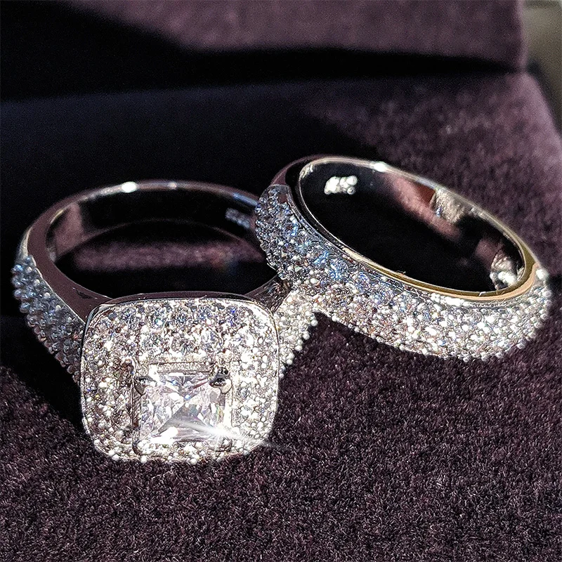 

Trendy Luxury 925 Silver Plated Wedding Ring Set Band For Bridal Girls And Women Ladies Love Couple Pair Jewelry Ring