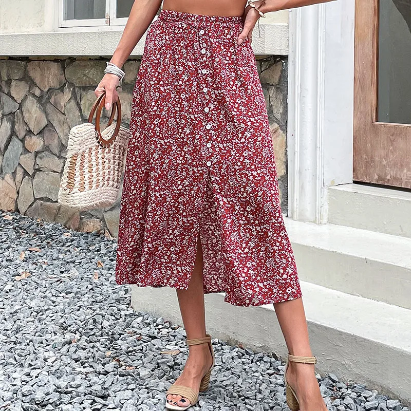 

Split Skirt Womens High Waist Elastic A Line Skirt Women Summer Button Holiday Streetwear Long Skirts, Royal blue