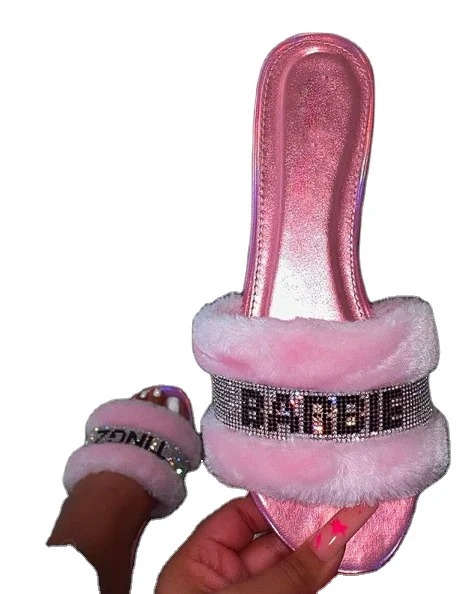 

2020 New Arrival Ladies Flat Furry Slipper Pink Glitter Slides For Woman Fashion Sandals