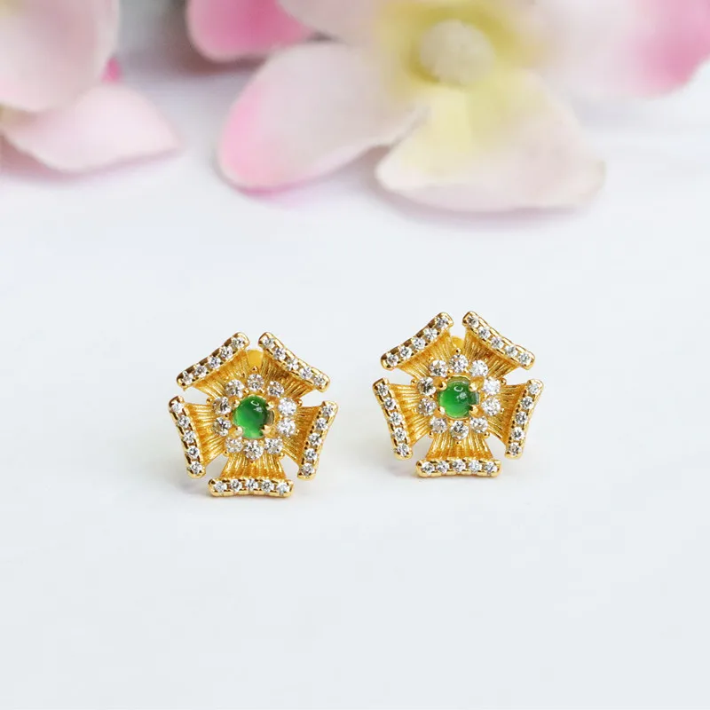 

S925 Silver Inlay Natural Emerald Stud Earrings A Goods Emperor Green Ear Hook Jade Factory Delivery FC2072704