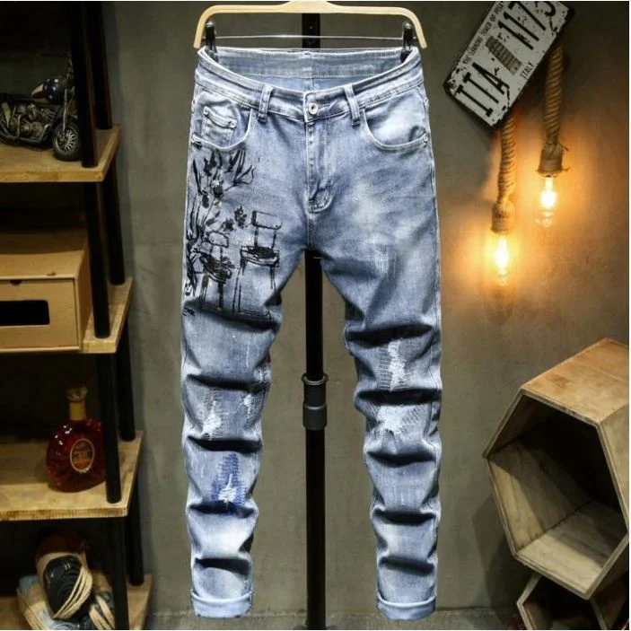 

Voogue Blue Letter Printed Teenagers jeans Fashion Slim Trousers