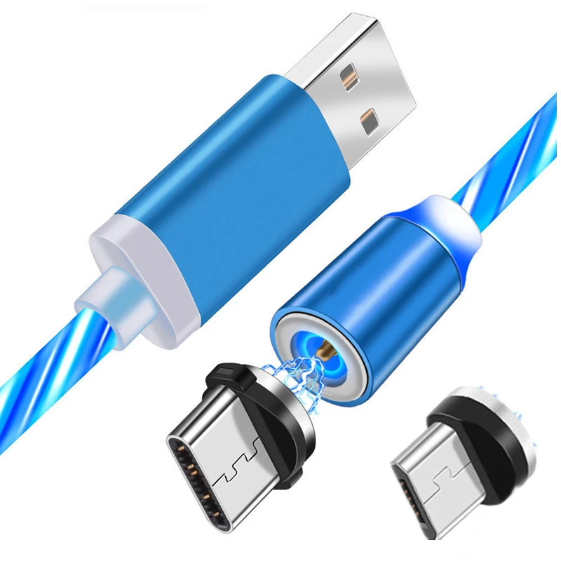 

New Arrival Metal Head Flowing Led Colour Light Super Fast Charging 3 in 1 Usb Magnetic Charging Cable for Mobile phone, Green red blue