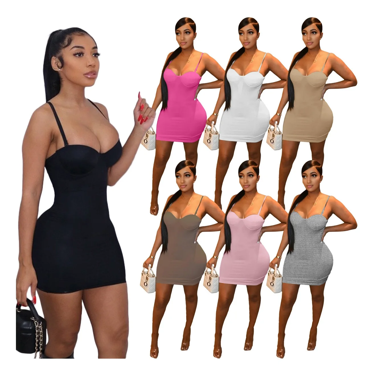 

2022 New Arrivals Summer Female Casual Women's Fashion Party Sexy Dress Solid Color Tight Stretch Mini Dress
