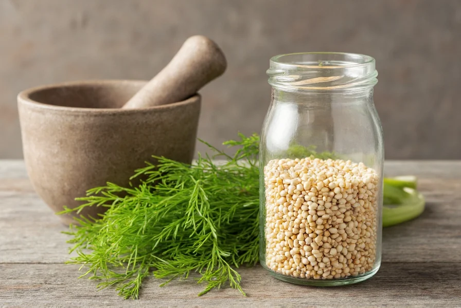Glass jar of fennel seeds next to mortar and pestle with fresh fennel fronds