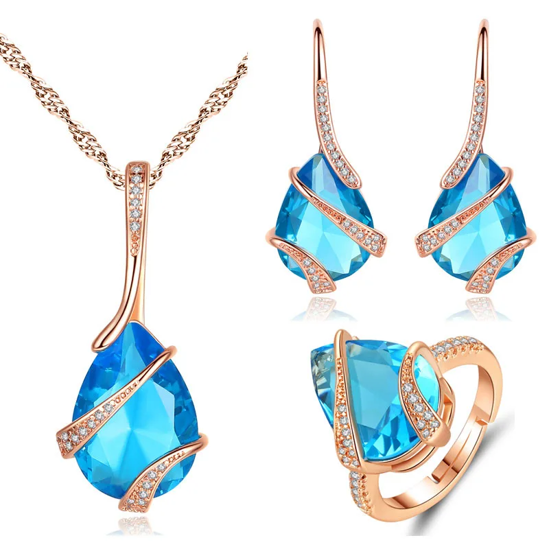 

Vintage Blue Zircon Water Drop Necklace Set Platinum Plated Inlaid Cubic Zirconia Tear Drop Necklace Set For Gifts