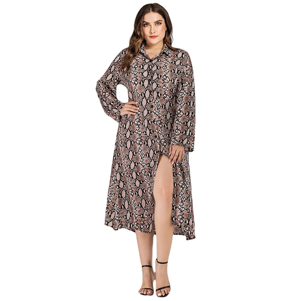 

LEX Plus size fat women clothing 2021 woman Lapel snakeskin long casual print split Long Sleeve Dress