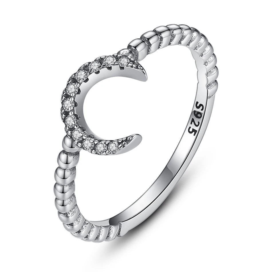 

Women Fashion Jewelry 925 Sterling Silver Moon Ring With Cubic Zircon Wedding Beaded Rings