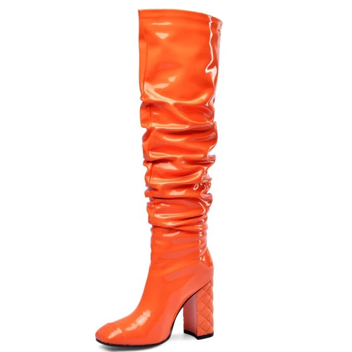 

Big Size 45 Women OverKnee High Boots High Chunky Heels Boots Ladies Long Shiny Patent PU Orange Square toe Thigh High Boots