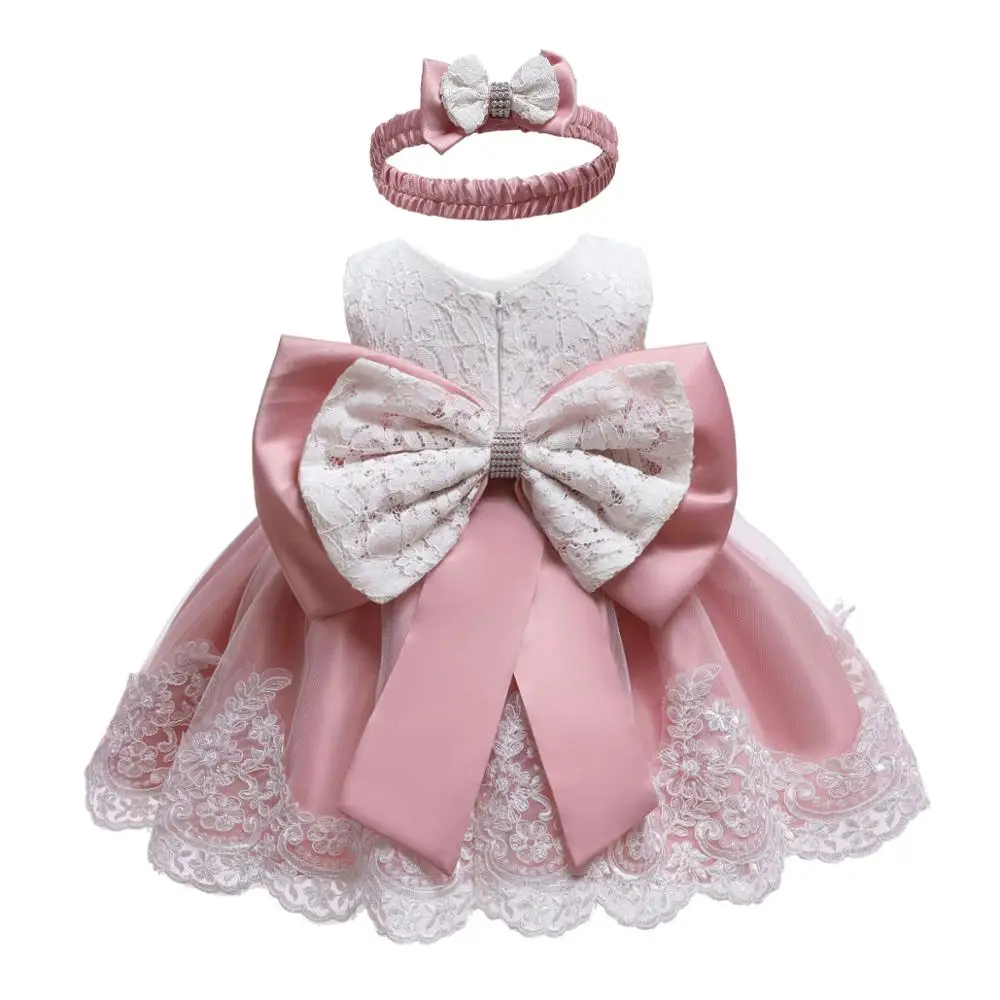 Wholesale Baby Dress with Bow Newborn Girls Princess Birthday Party Pink Dresses Fancy Dress Baby Girl Baptism Gown White Dress