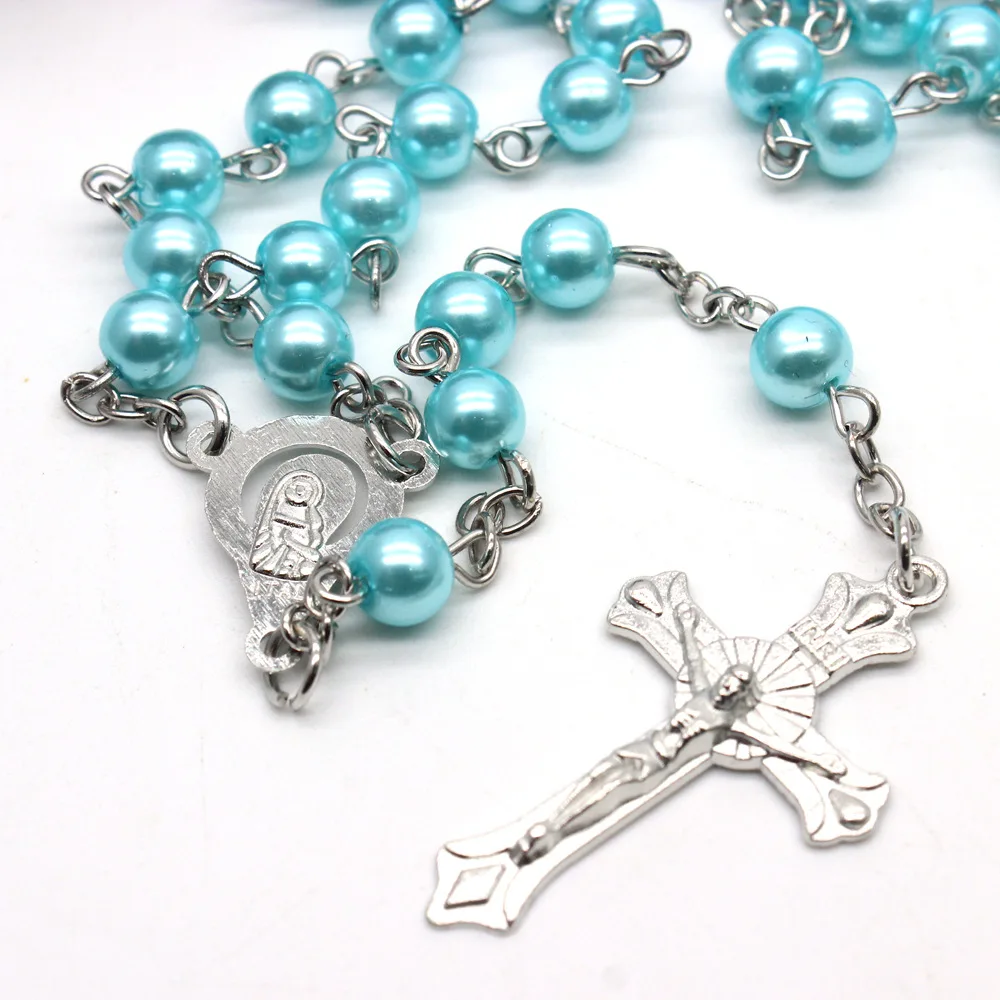 

6mm Blue Pearl Rosary Cross Necklace Catholic Christian Wedding Prayer Beads, Picture , can customize