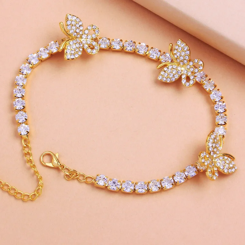 

Butterfly Diamond Iced Out Tennis Link Anklet Bracelet Women Bling Zirconia Rhinestone Crystal Butterfly Foot Chain Jewelry, Ss/gold/rose gold/balck