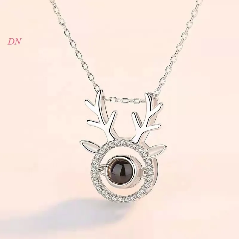 

Dina Hot Selling Fashion Design Round-shaped Pendant Necklace Deer Antlers Charms Necklace 100 Languages I Love You Necklace, Silver,rose gold