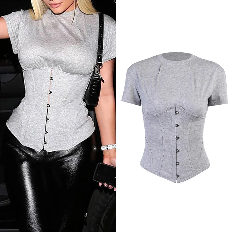 

Summer Removable Lace Up Corset Girdle Short Sleeve Casual Woman T Shirts Skinny Slim Basic Crop Tops Tees