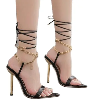 

Wholesale high fashion designer shoes metal chain pointed toe high heel women's cheap sandals