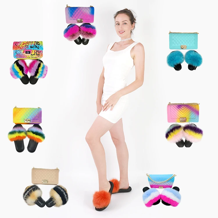 

Best selling new fashion jelly bag ladies frosted matte jelly rainbow bag soft fox fur slippers