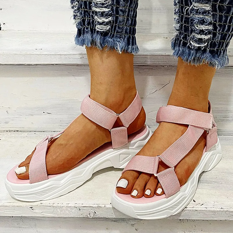 

New large size women's sandals summer one-shaped velcro season flat round toe