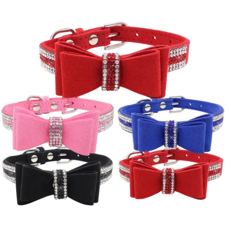 

New Design Fashion Diamond Bling Bowknot Dog Collar Pet and Cat Necklace Pet Collar Mascotas Collar, More colours for option