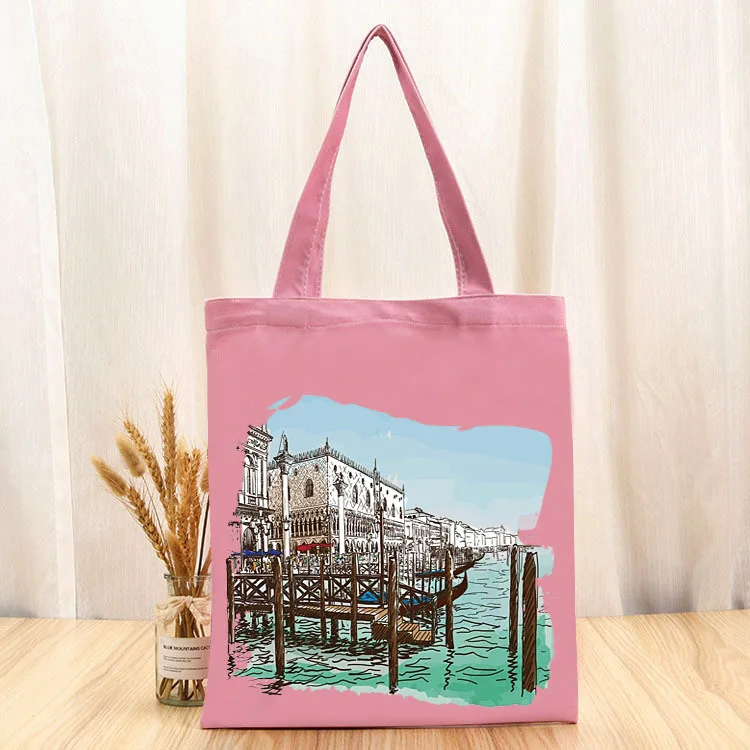 

wholesale Black handle canvas bag custom print promotional 100% cotton canvas tote bag, Full color.