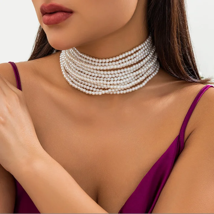 

Handmade Multilayer Imitation Pearl Chunky Beads Chain Necklace for Women Wedding Bridal Goth Clavicle Choker Neck Accessories