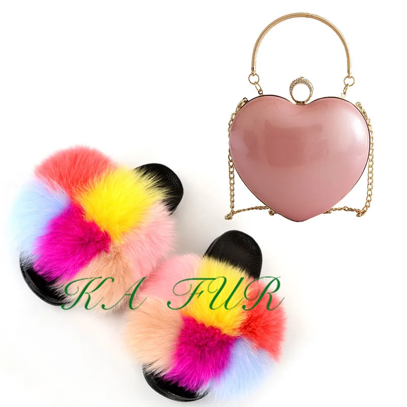 

wholesale real fox fur slides slipper with matching bag handbag attractive fur slipper with purse sets for party sets