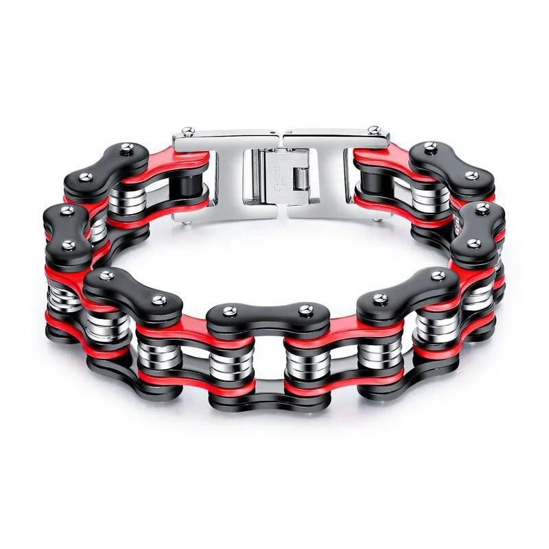 

Euramerican Punk Style Black Color Men Handsome 316L Stainless Steel Bicycle Chain Bracelets, Black+red