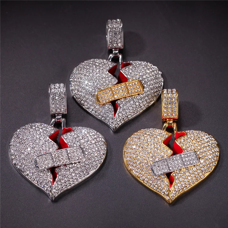 

Fashion Bling Bandage Broken Necklace Heart Pendant Iced Out Pendant Hip Hop Men Women