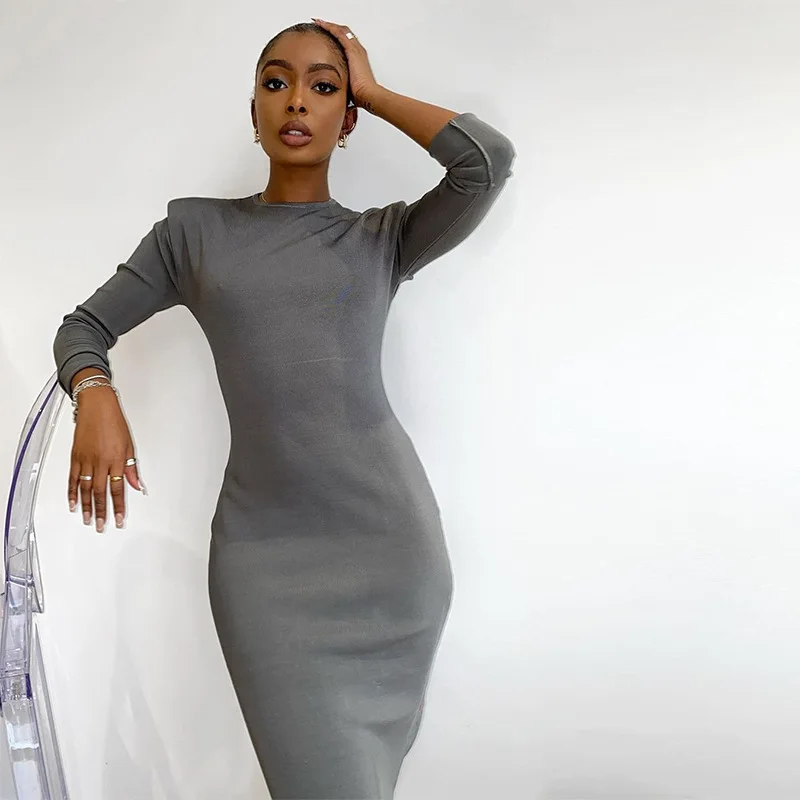 

FS3386A 2021 new arrival female dress sexy long sleeve backless midi dress