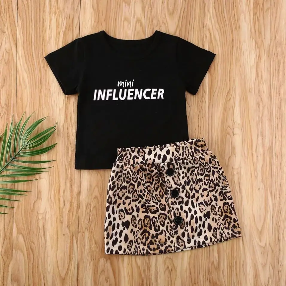 

3562 Summer Toddler Baby Girls Clothes Short Sleeve Letter Print Tops T-Shirt Leopard Print Skirt Clothing Outfits Sets, As picture