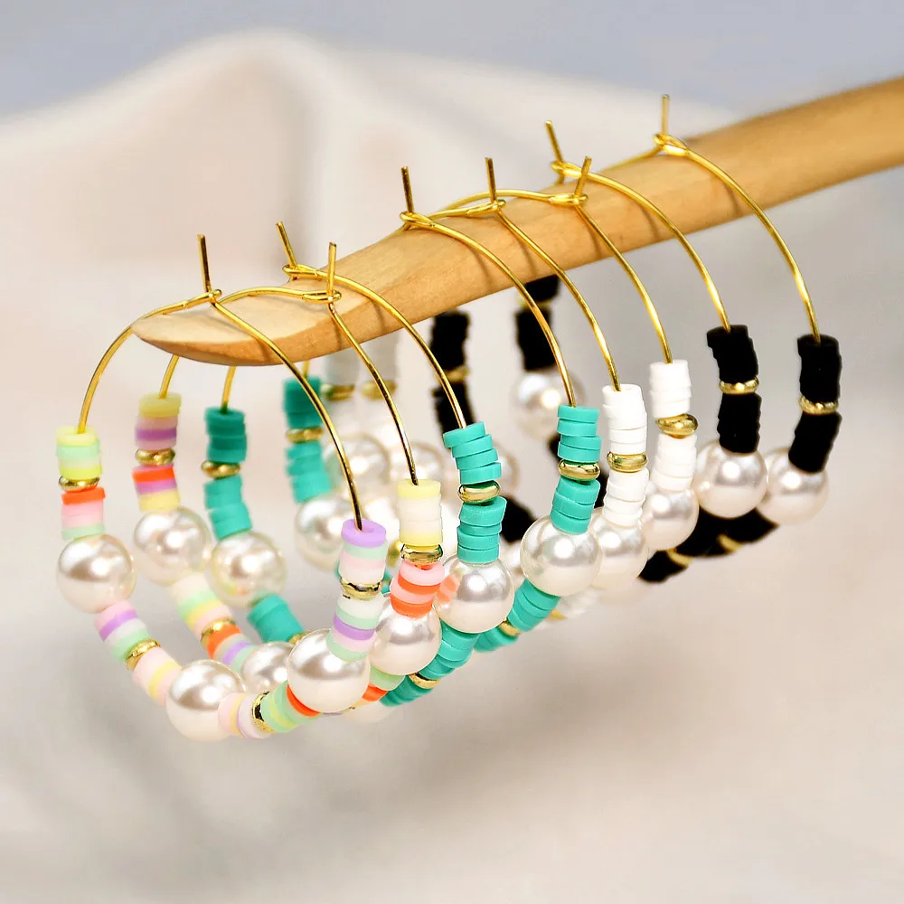 

Bohemian Colorful Beads Pearl Hoop Earring 18K Gold Plated Polymer Clay Beads Hoop Earrings Women