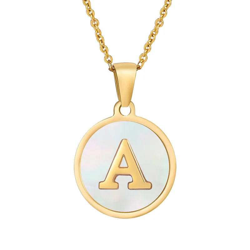 

Mother Oyster White 18K Gold Plated Titanium Stainless Steel Shell Round Alphabet Initial 26 Letter A Pendant Jewelry Necklace